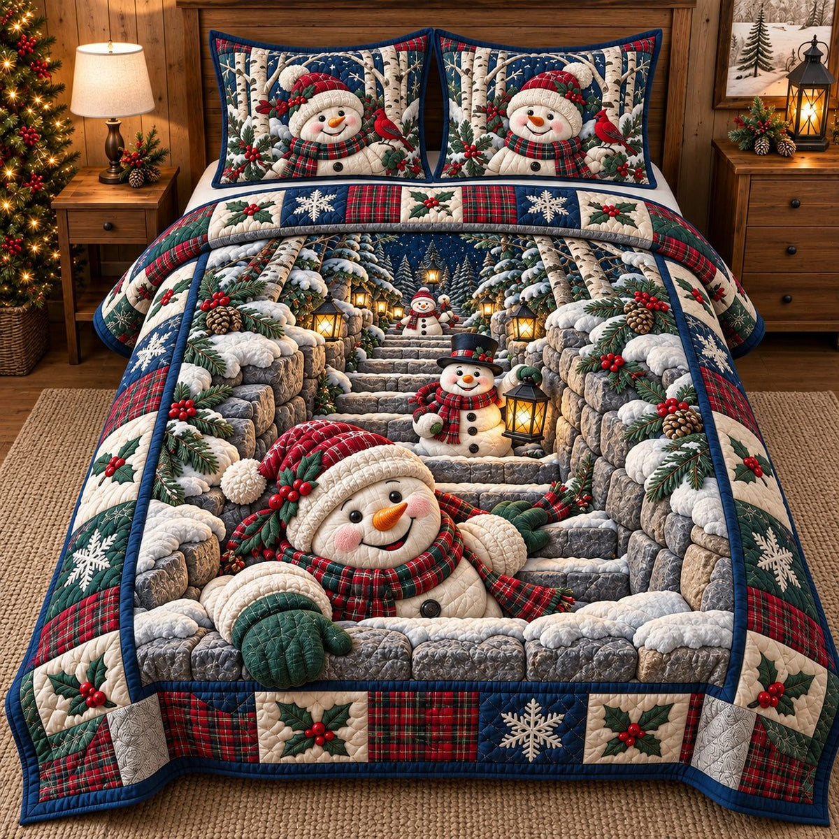 Snowy Steps Snowmen quilted 3-piece bedding set on a made bed with two matching pillow shams