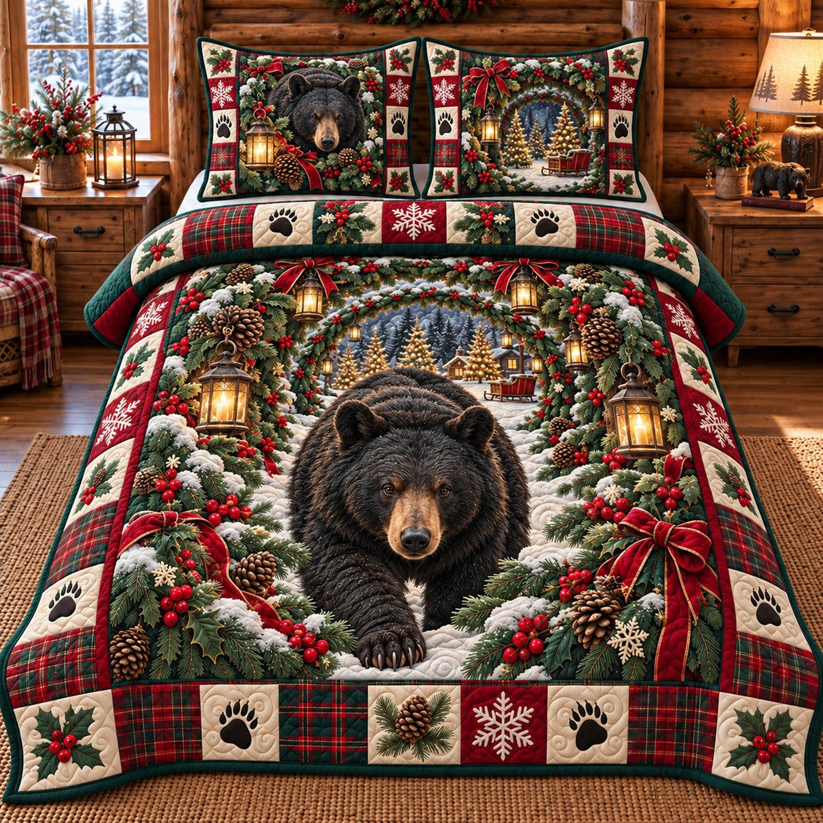 Snowy Village Black Bear Holiday quilted 3-piece bedding set on a made bed in a winter-styled bedroom