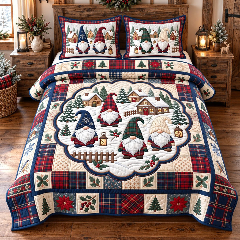 Snowy Village Gnomes quilted 3-piece bedding set on a made bed with two matching pillow shams