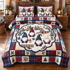 Snowy Village Gnomes quilted 3-piece bedding set on a made bed with two matching pillow shams