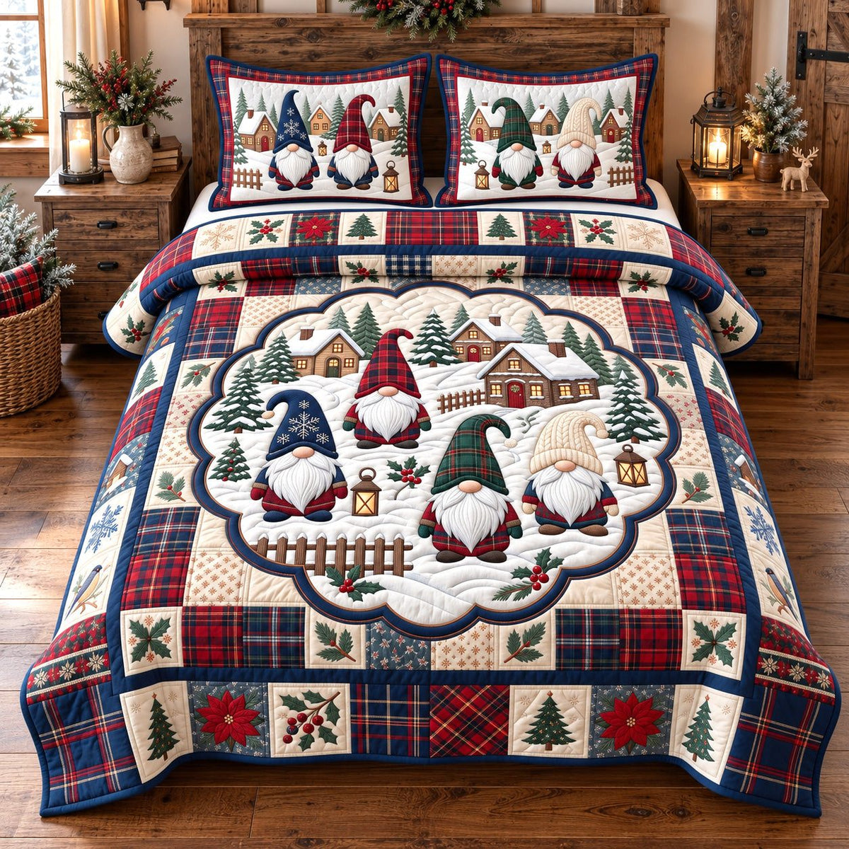 Snowy Village Gnomes quilted 3-piece bedding set on a made bed with two matching pillow shams