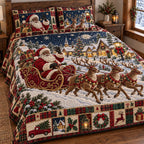 Snowy Village Santa quilted 3-piece bedding set on a made bed in a winter-styled bedroom
