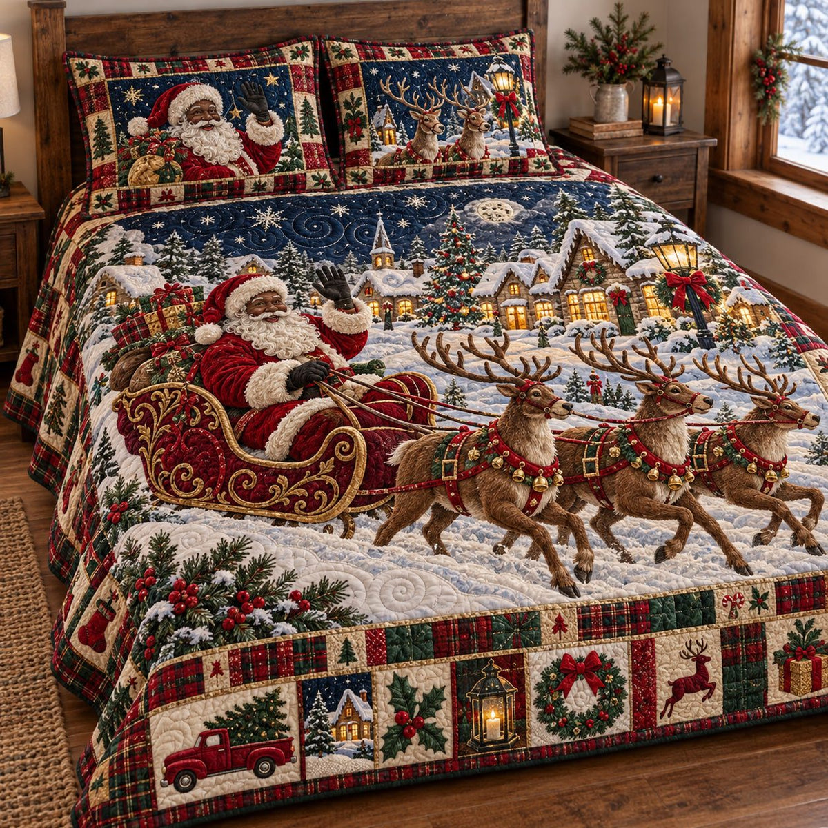 Snowy Village Santa quilted 3-piece bedding set on a made bed in a winter-styled bedroom