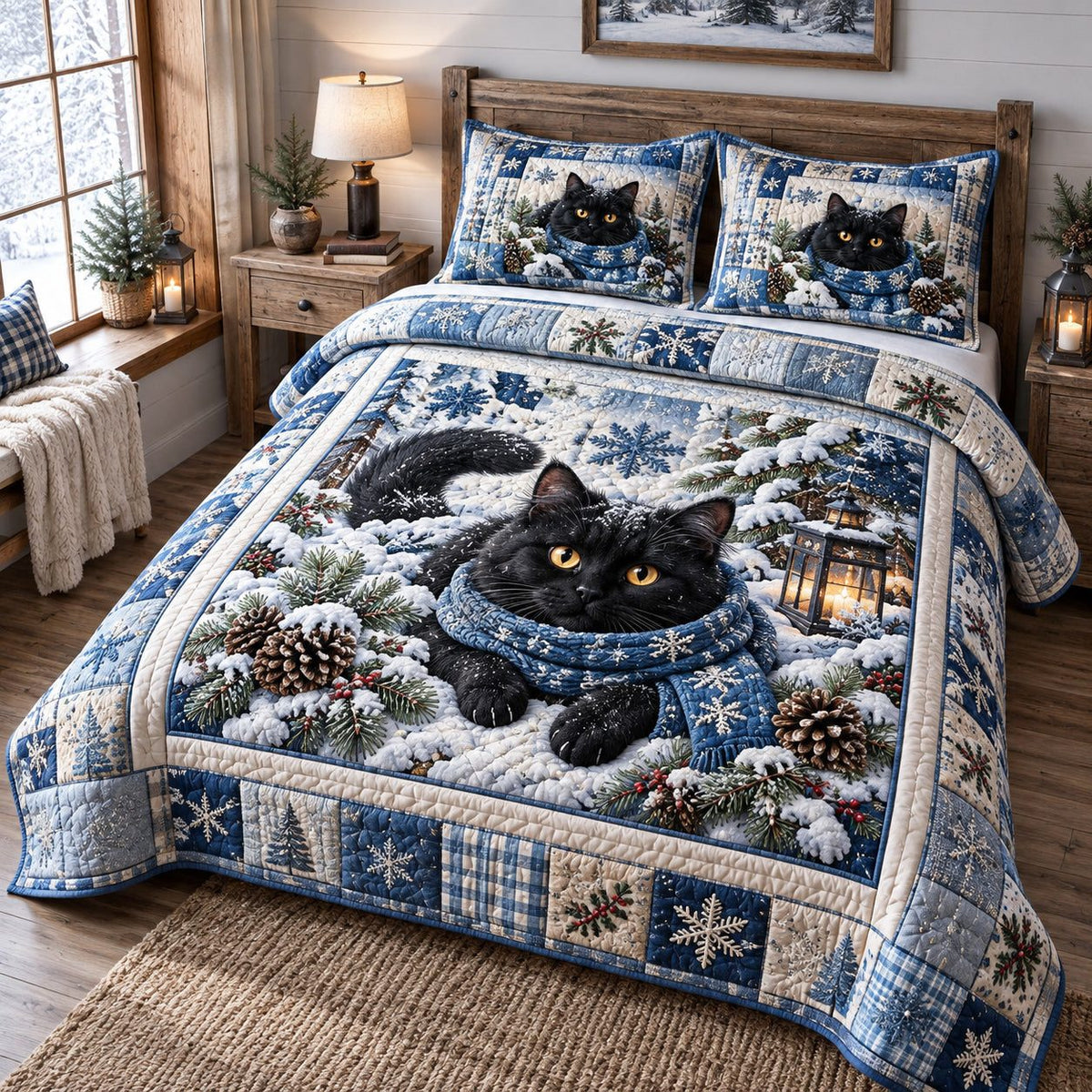 Snowy Winter Black Cat quilted 3-piece bedding set on a made bed in a winter-styled bedroom