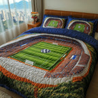 Soccer Field Of Dreams Stadium quilted 3-piece bedding set on a made bed with two matching pillow shams