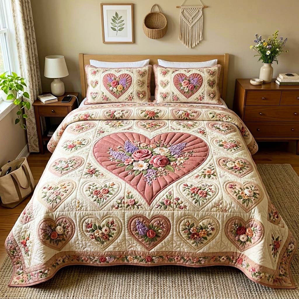 Soft Romance quilted 3-piece bedding set on a made bed with two matching pillow shams