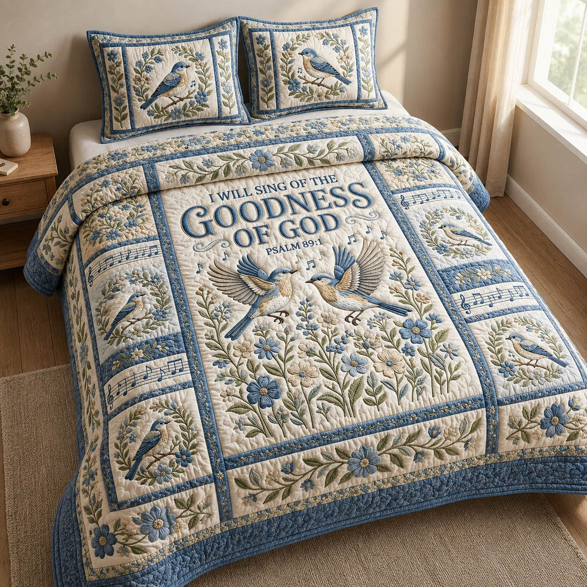 Songbird Couple Psalm Navy quilted 3-piece bedding set on a made bed in a warmly lit bedroom