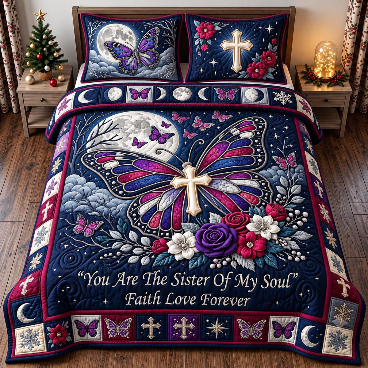 Soul Sister quilted 3-piece bedding set on a made bed with two matching pillow shams