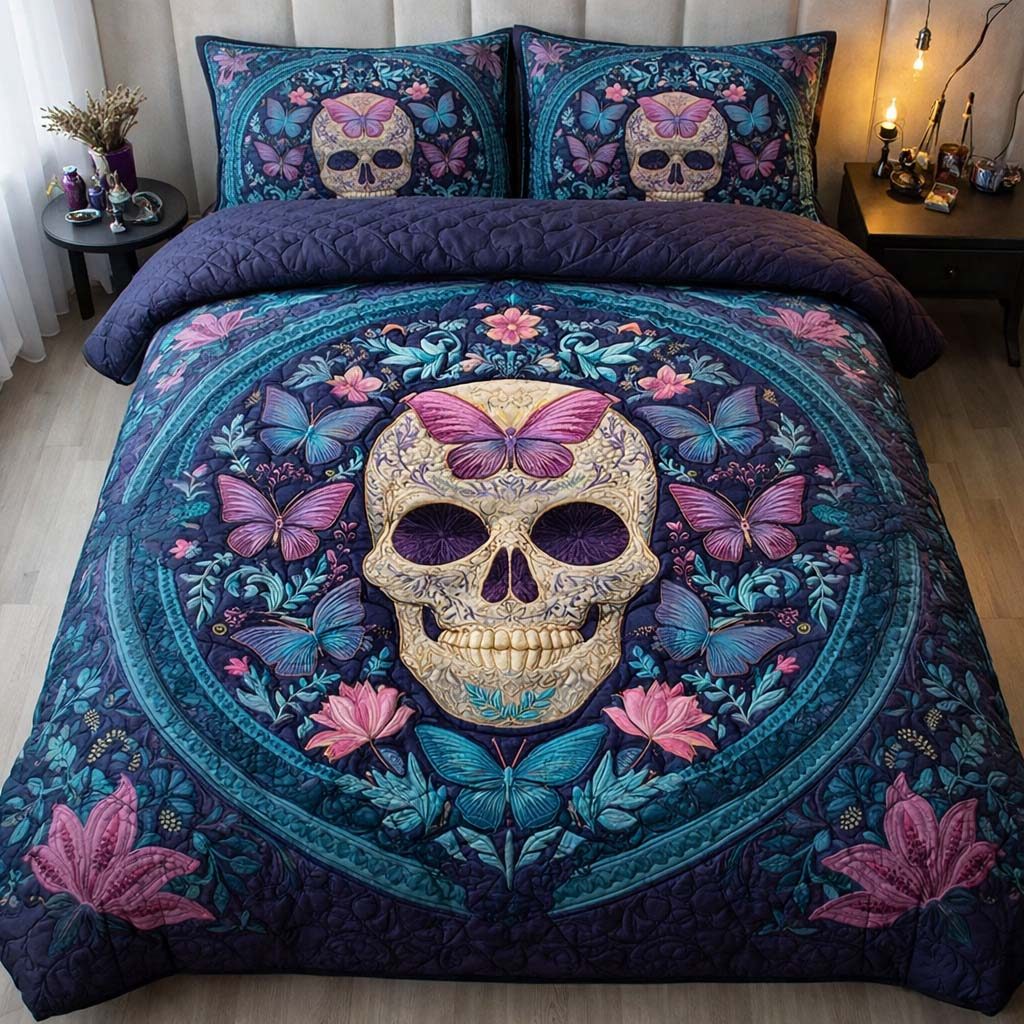 Soul Wings quilted 3-piece bedding set on a made bed with two matching pillow shams