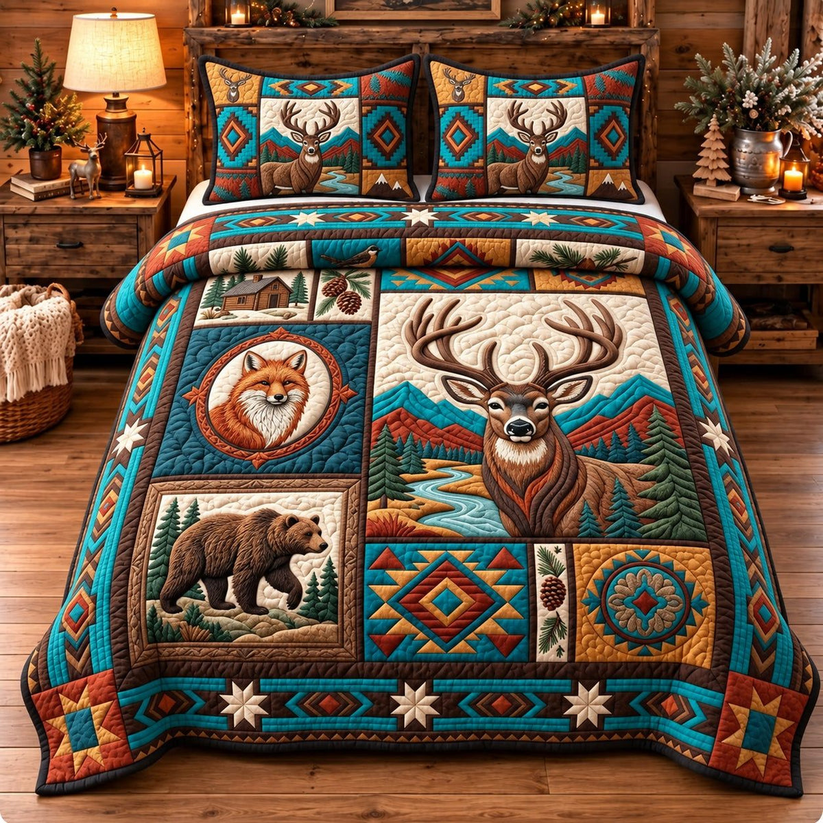 Southwest Woodland Patchwork quilted 3-piece bedding set on a made bed in a farmhouse bedroom