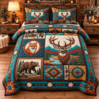 Southwest Woodland Patchwork quilted 3-piece bedding set on a made bed in a farmhouse bedroom