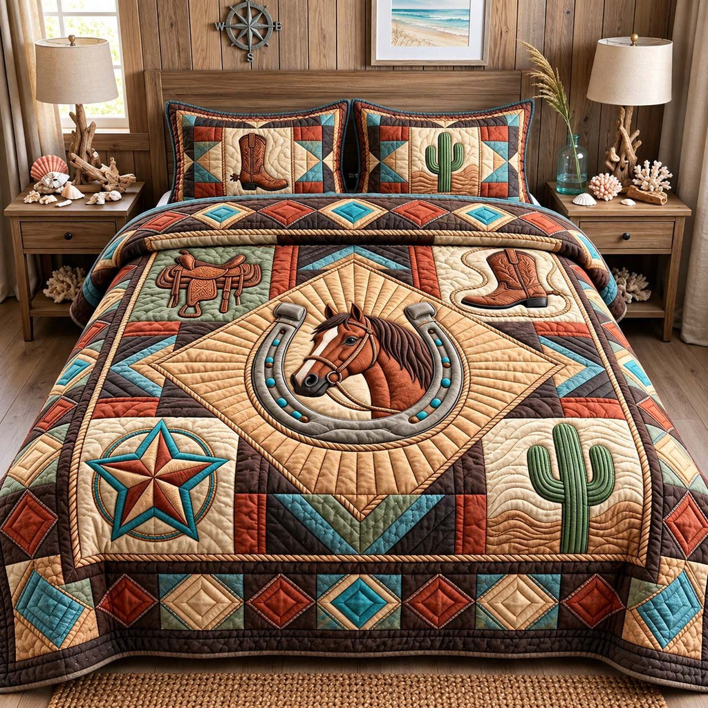 Southwestern Horseshoe Horse quilted 3-piece bedding set on a made bed in a rustic timber bedroom