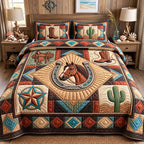Southwestern Horseshoe Horse quilted 3-piece bedding set on a made bed in a rustic timber bedroom