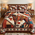 Southwestern Saddle Horse quilted 3-piece bedding set on a made bed in a rustic timber bedroom