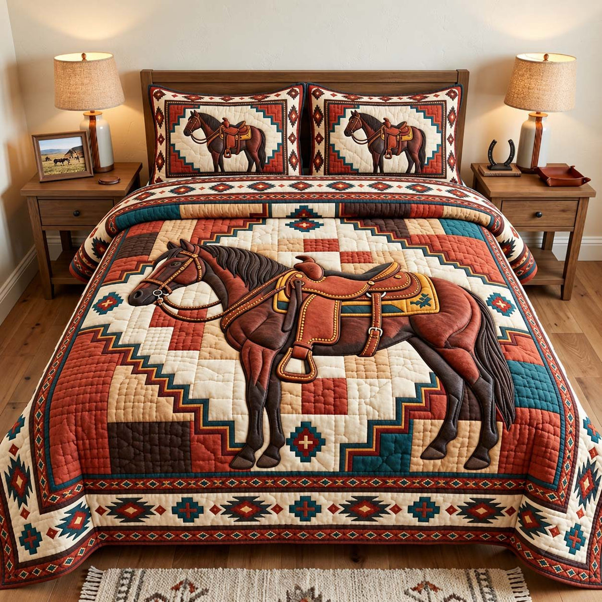 Southwestern Saddle Horse quilted 3-piece bedding set on a made bed in a rustic timber bedroom