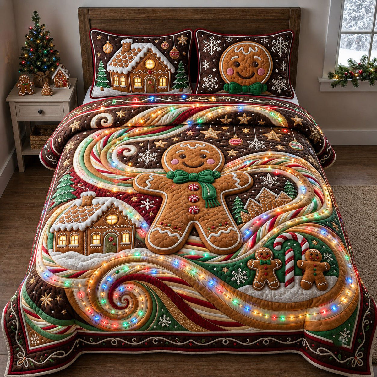 Sparkly Gingerbread quilted 3-piece bedding set on a made bed in a winter-styled bedroom