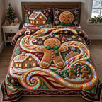 Sparkly Gingerbread quilted 3-piece bedding set on a made bed in a winter-styled bedroom