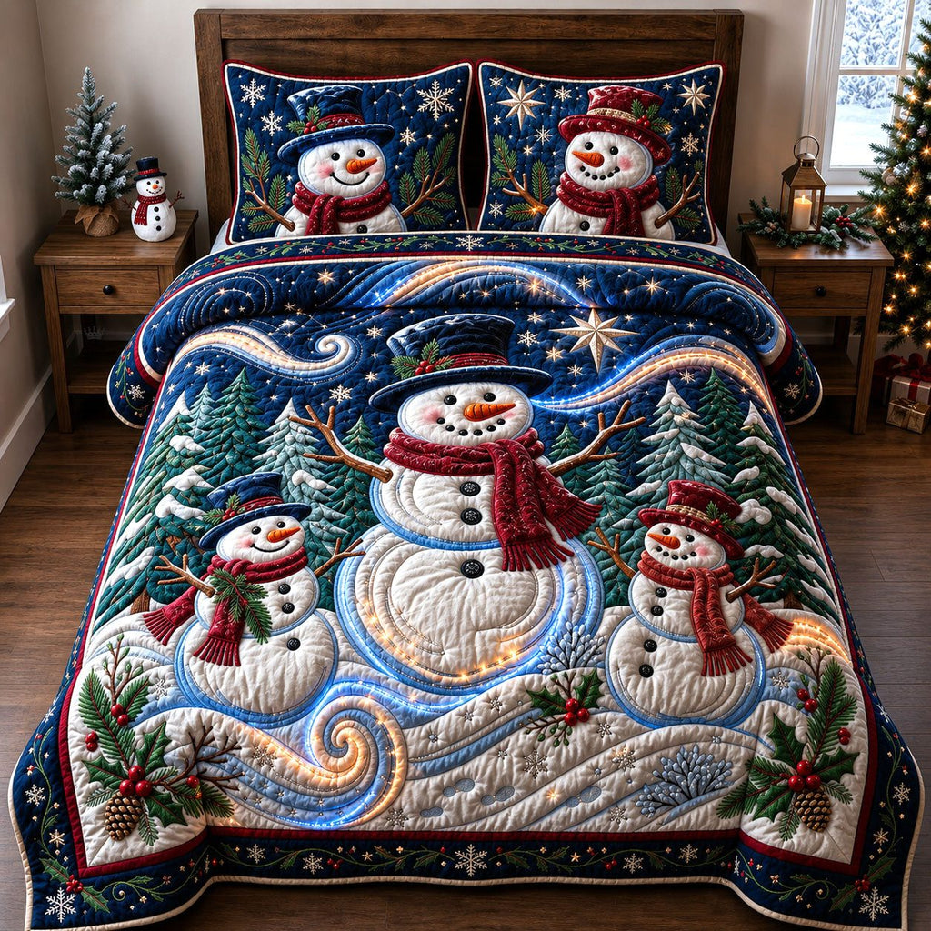 Sparkly Snowman Trio quilted 3-piece bedding set on a made bed in a winter-styled bedroom