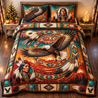 Spirit Eagle quilted 3-piece bedding set on a made bed in a warmly lit bedroom