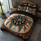 Spirit Guardian Cream quilted 3-piece bedding set on a made bed with two matching pillow shams