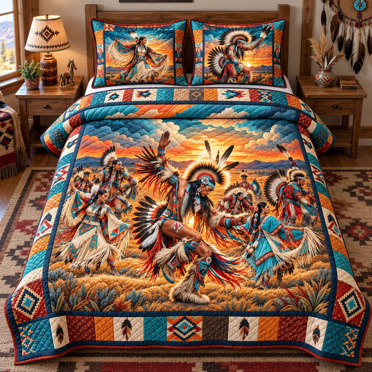 Spirit Of The Dance quilted 3-piece bedding set on a made bed with two matching pillow shams