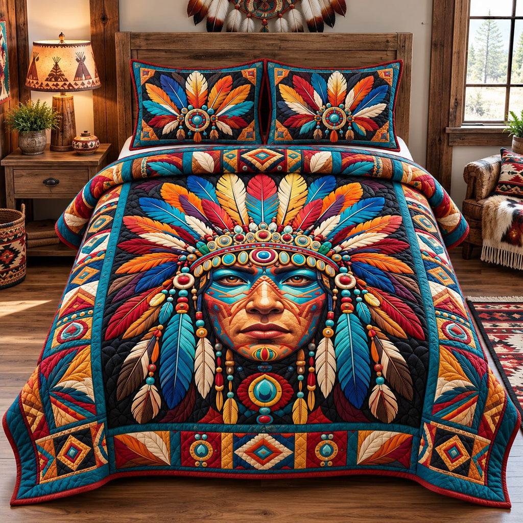 Spirit Of The Feathers quilted 3-piece bedding set on a made bed with two matching pillow shams
