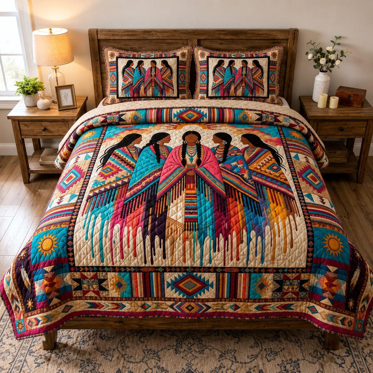 Spirit Queen quilted 3-piece bedding set on a made bed with two matching pillow shams