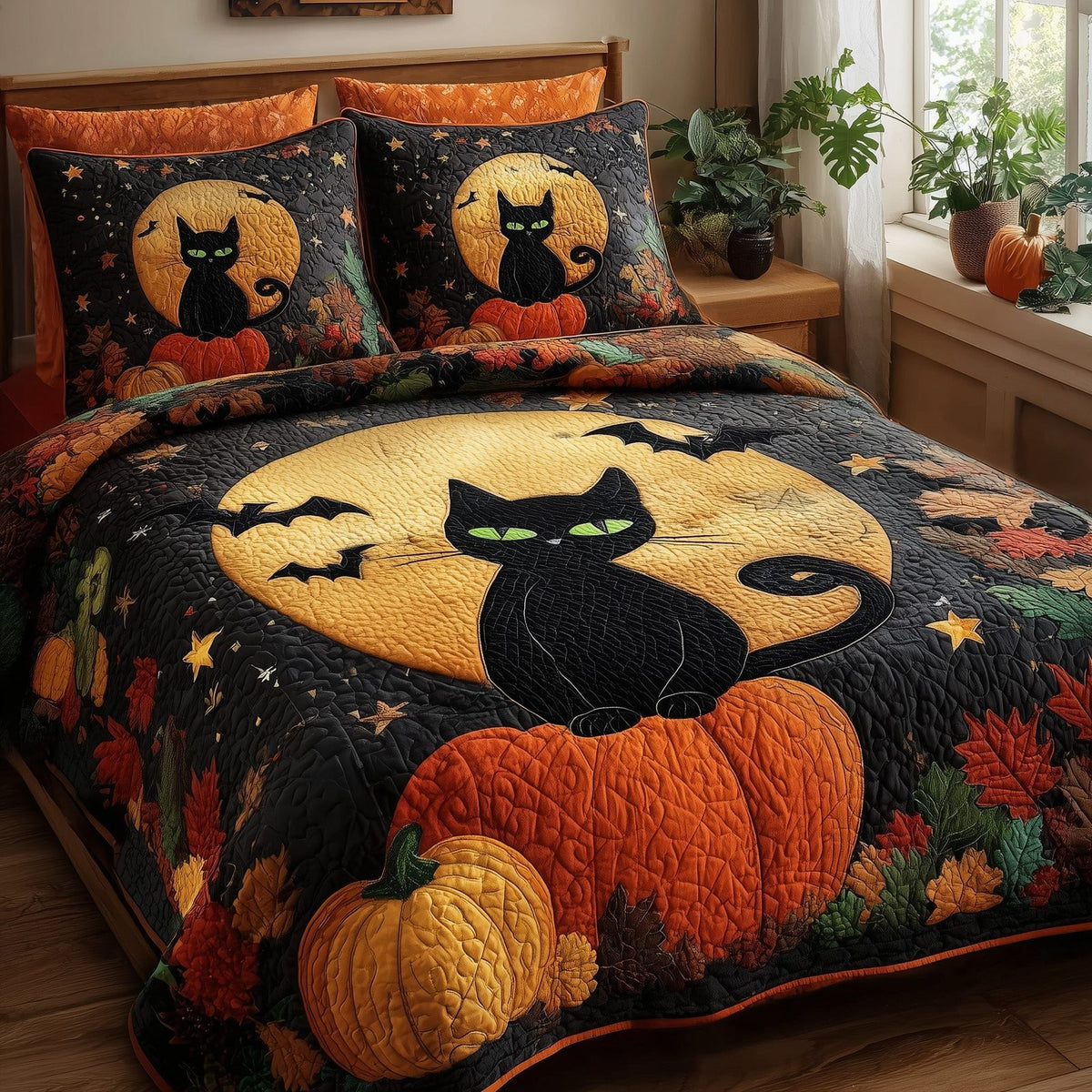 Spooky Black Cat Moon quilted 3-piece bedding set on a made bed against a dark styled interior