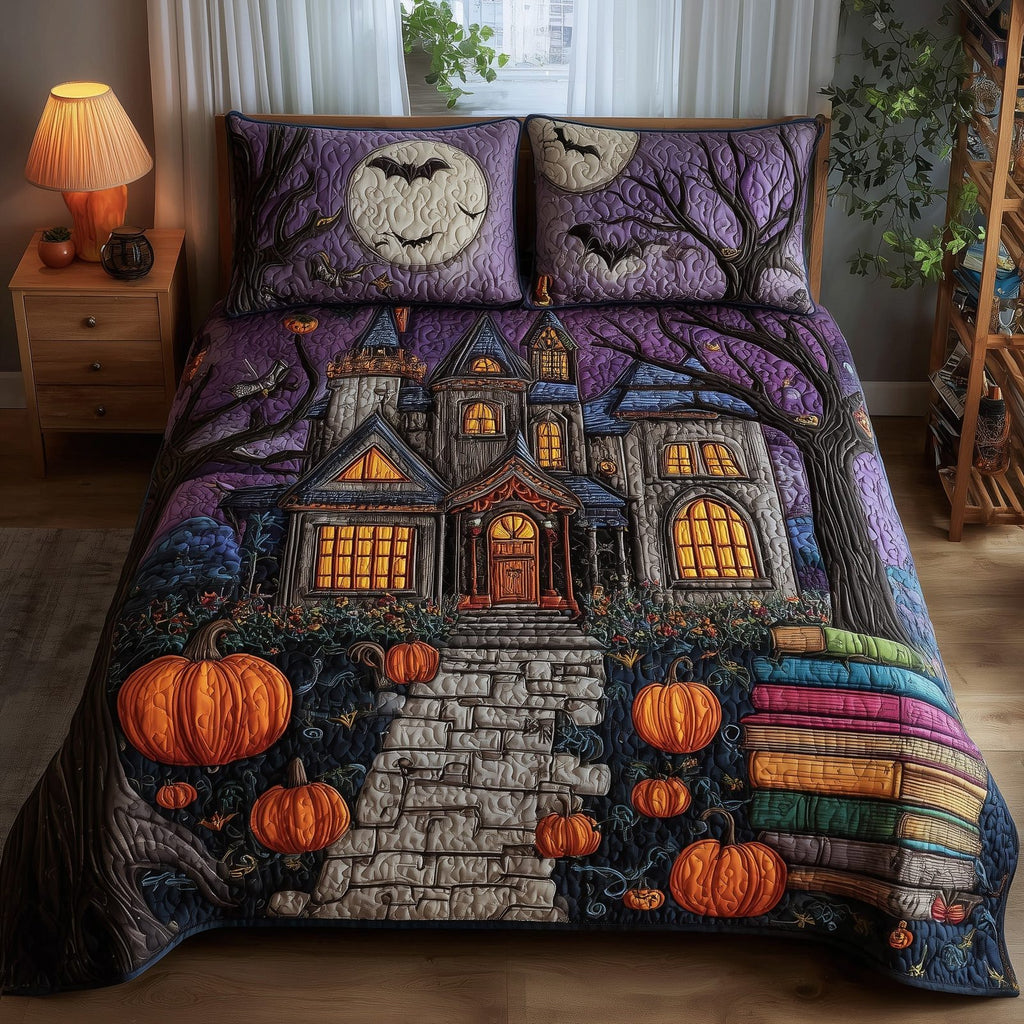 Spooky House Lilac quilted 3-piece bedding set on a made bed against a dark styled interior