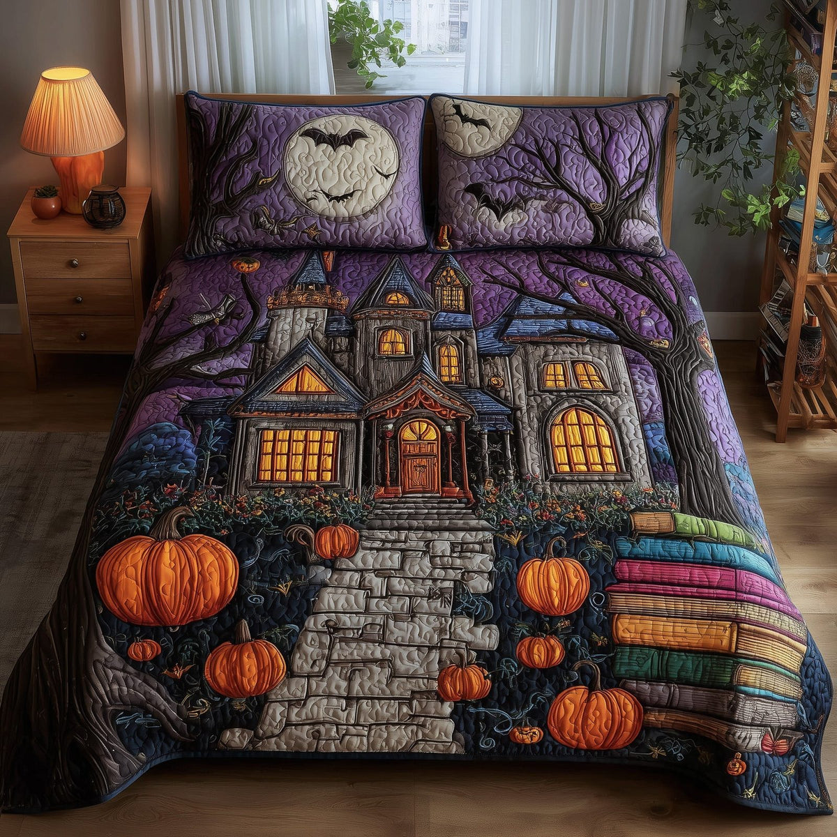 Spooky House Lilac quilted 3-piece bedding set on a made bed against a dark styled interior