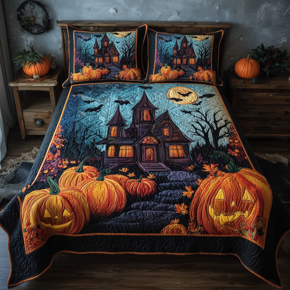 Spooky Manor Bats quilted 3-piece bedding set on a made bed against a dark styled interior