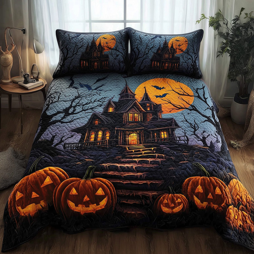Spooky Manor Blue quilted 3-piece bedding set on a made bed against a dark styled interior