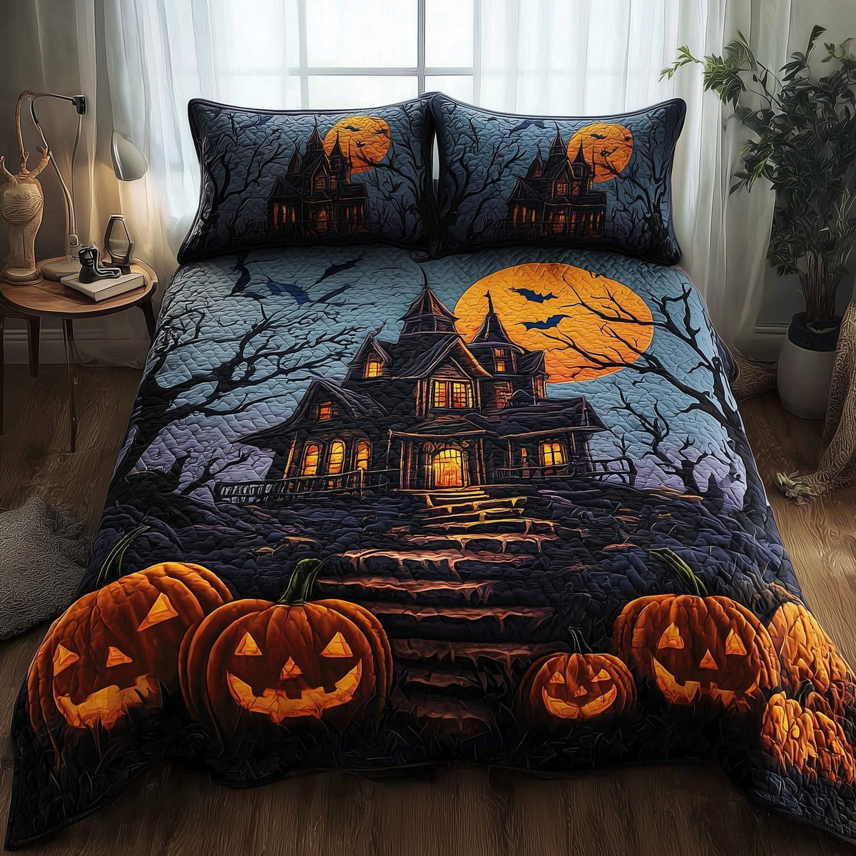 Spooky Manor Blue quilted 3-piece bedding set on a made bed against a dark styled interior