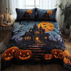 Spooky Manor Blue quilted 3-piece bedding set on a made bed against a dark styled interior