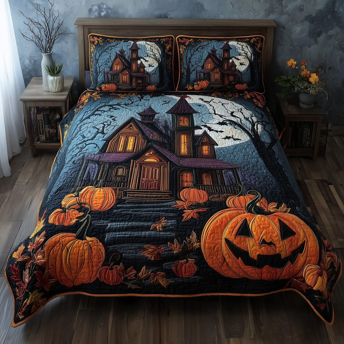 Spooky Manor Moon quilted 3-piece bedding set on a made bed against a dark styled interior