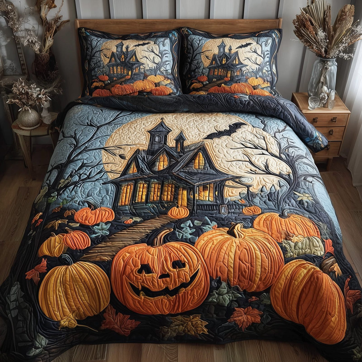 Spooky Manor Pumpkins quilted 3-piece bedding set on a made bed against a dark styled interior