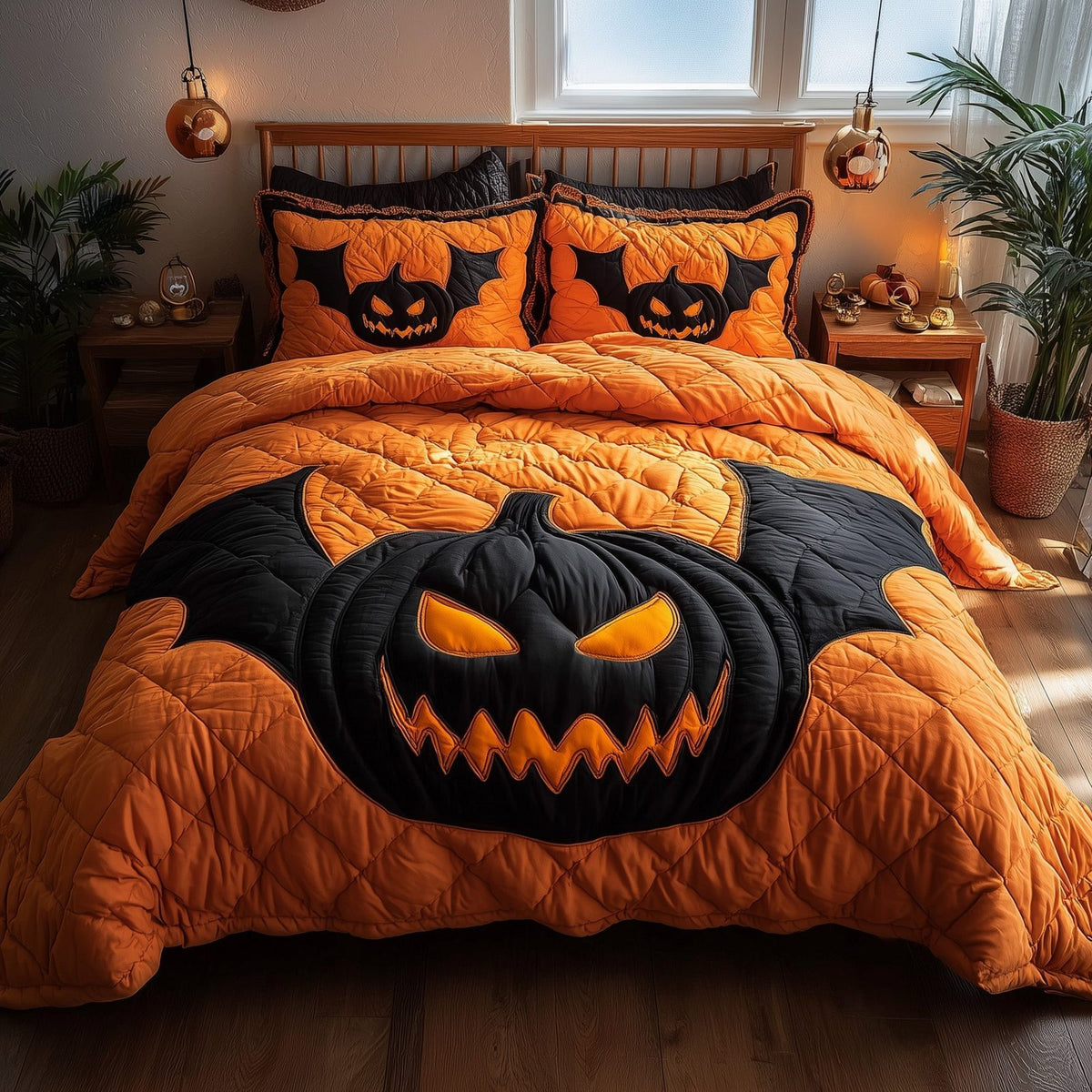 Spooky Nights Face quilted 3-piece bedding set on a made bed against a dark styled interior
