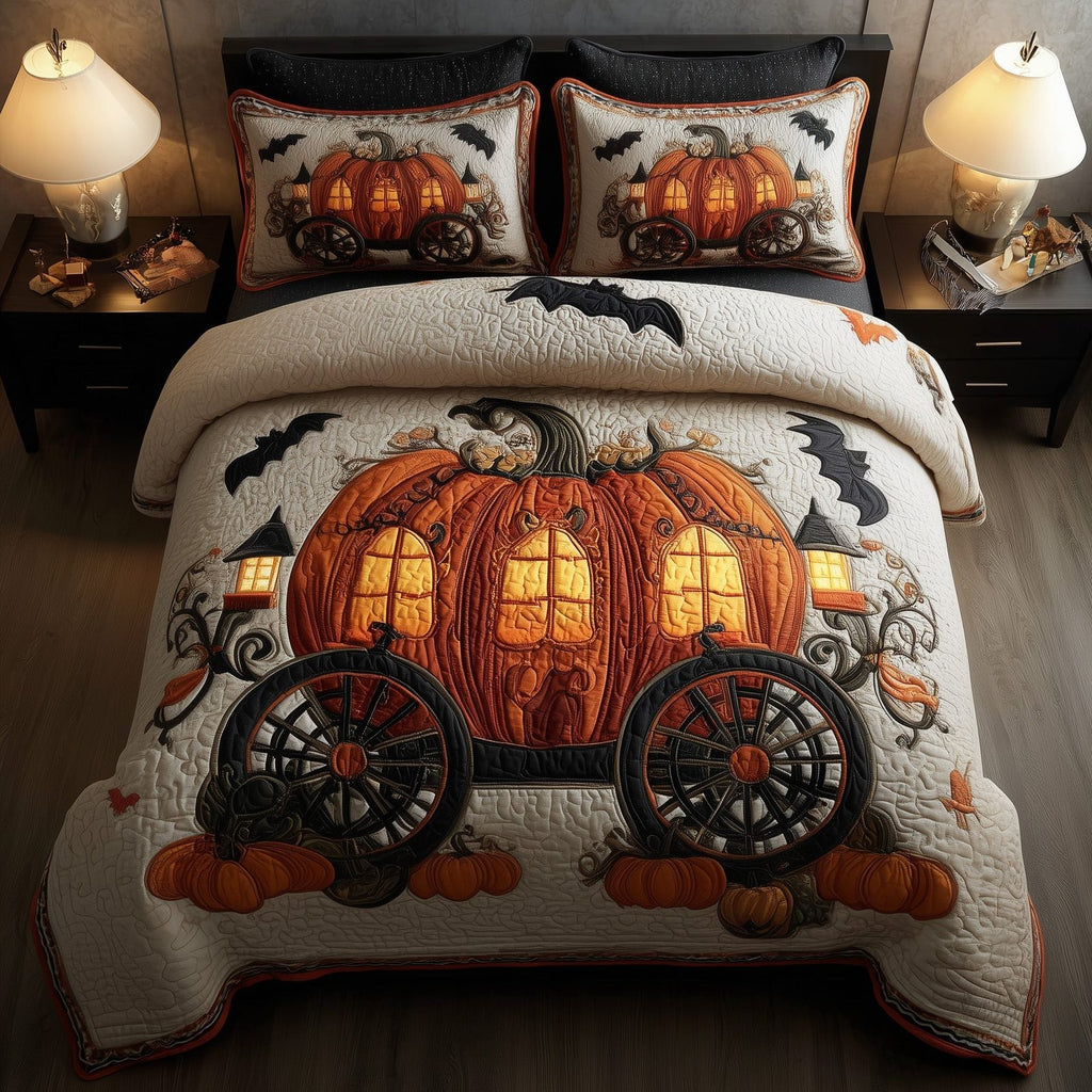 Spooky Pumpkin Carriage quilted 3-piece bedding set on a made bed against a dark styled interior