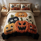 Spooky Pumpkin Eyes quilted 3-piece bedding set on a made bed against a dark styled interior