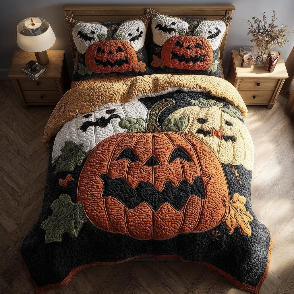 Spooky Pumpkin Faces quilted 3-piece bedding set on a made bed against a dark styled interior