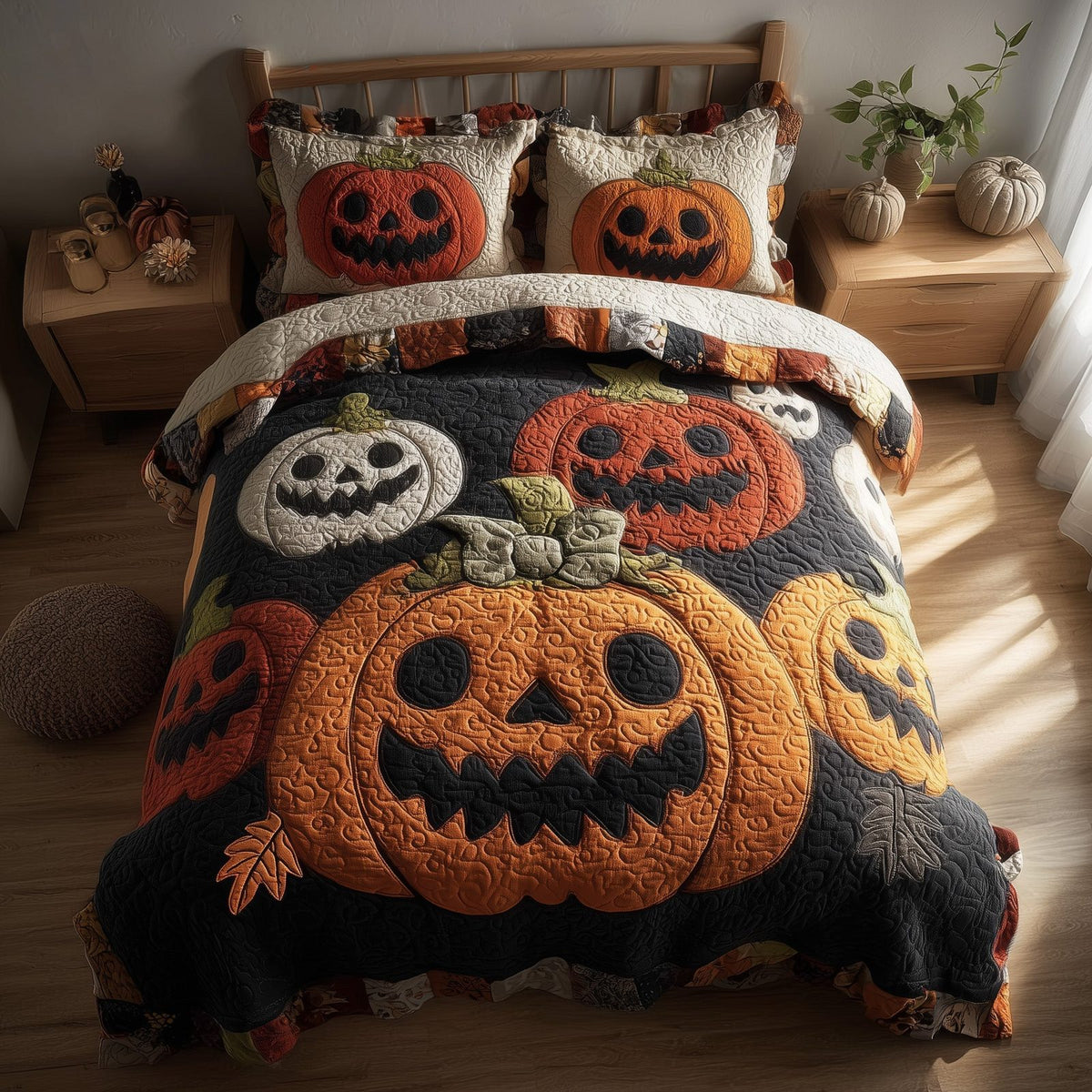 Spooky Pumpkin Trio quilted 3-piece bedding set on a made bed against a dark styled interior
