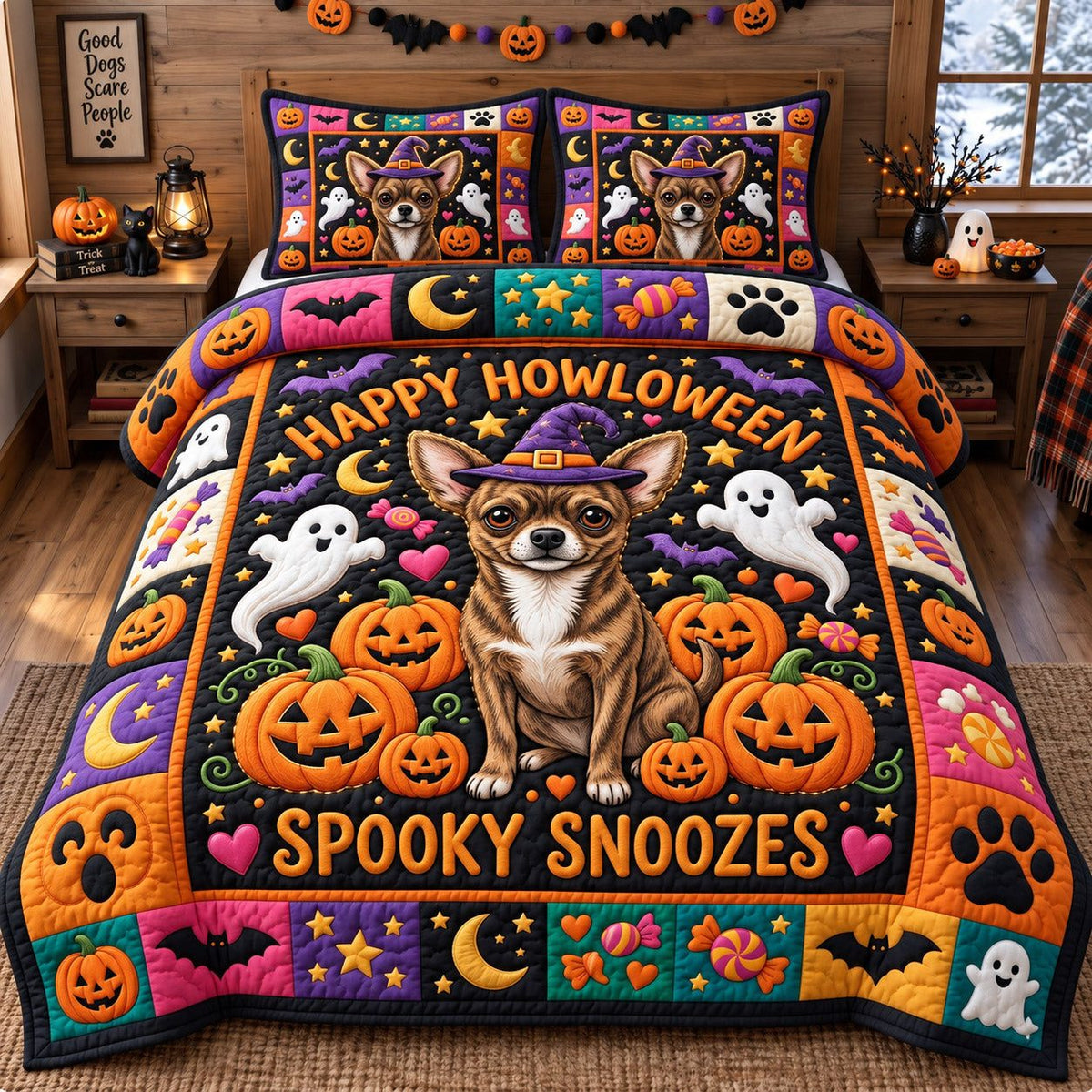 Spooky Snoozes Halloween Chihuahua quilted 3-piece bedding set on a made bed against a dark styled interior