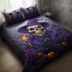 Spooky Witch quilted 3-piece bedding set on a made bed against a dark styled interior
