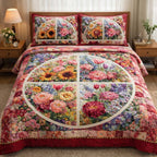Spring Bloom Circle quilted 3-piece bedding set on a made bed with two matching pillow shams