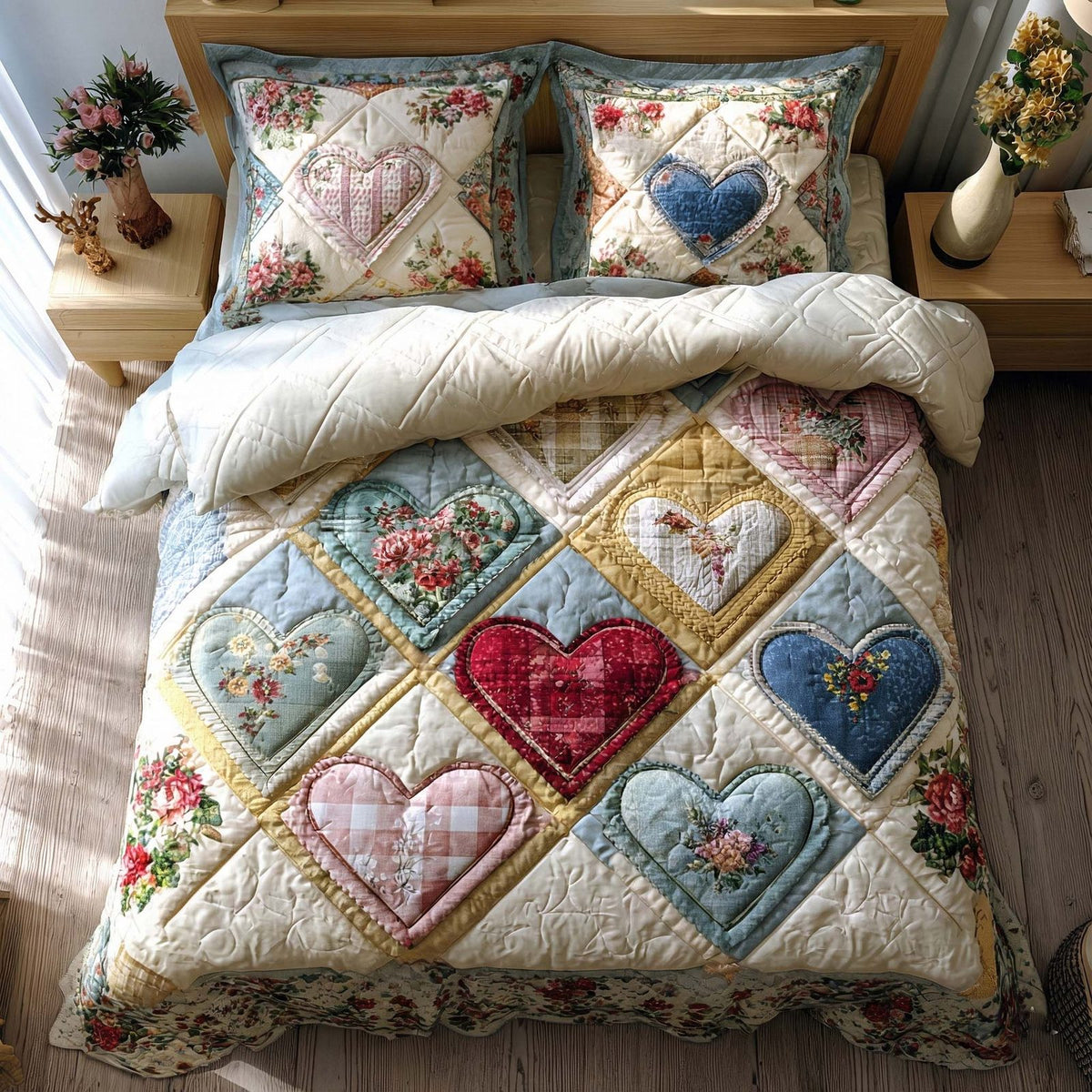 Spring Patch Diamonds quilted 3-piece bedding set on a made bed with two matching pillow shams