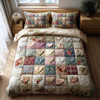 Spring Patch Squares quilted 3-piece bedding set on a made bed with two matching pillow shams