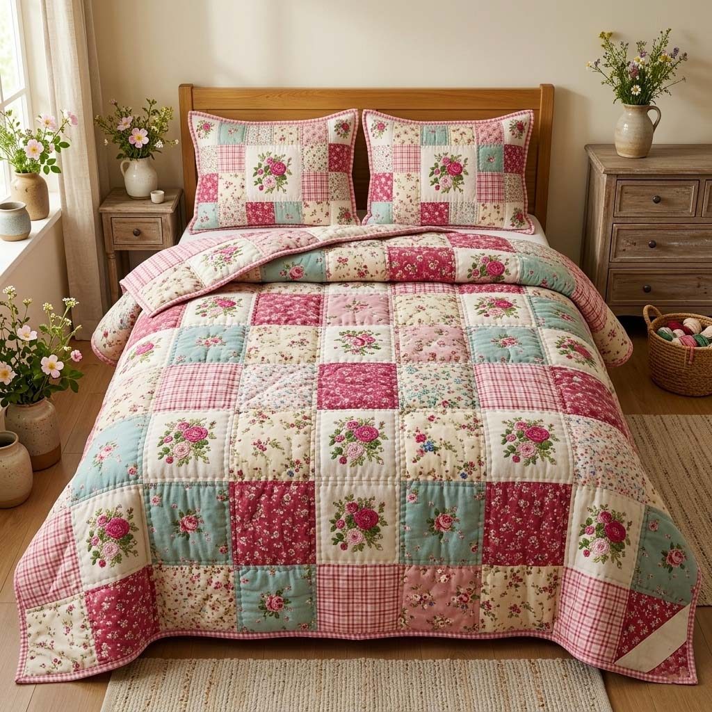 Spring Patchwork quilted 3-piece bedding set on a made bed in a farmhouse bedroom