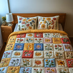 Springtime Patchwork Cream quilted 3-piece bedding set on a made bed in a farmhouse bedroom