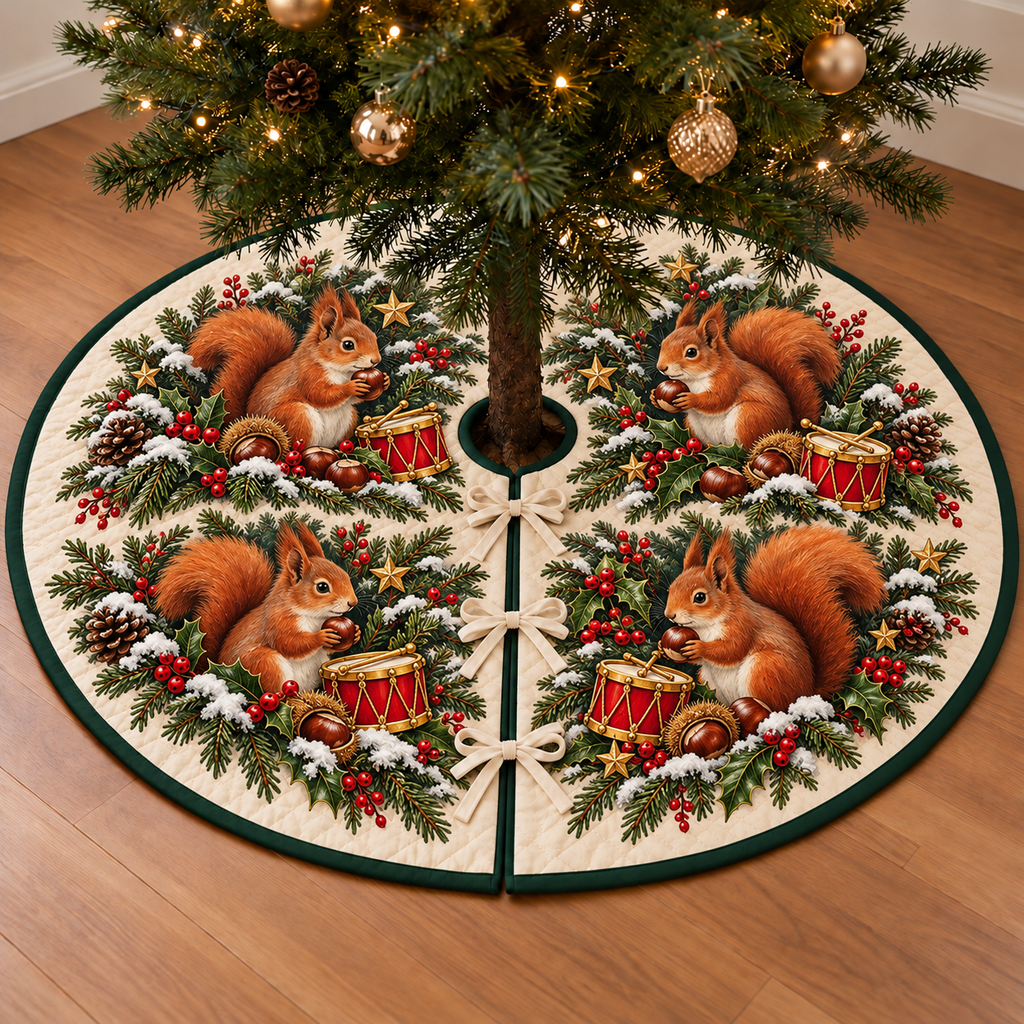 Squirrel Chestnut Toy Drum printed Christmas circular tree skirt; design mockup showing a flat printed depth effect.