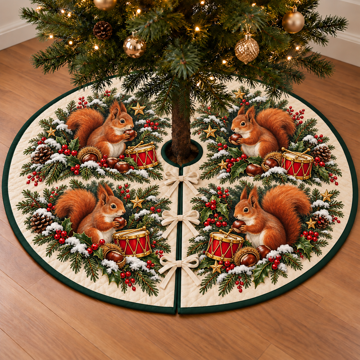 Squirrel Chestnut Toy Drum printed Christmas circular tree skirt; design mockup showing a flat printed depth effect.